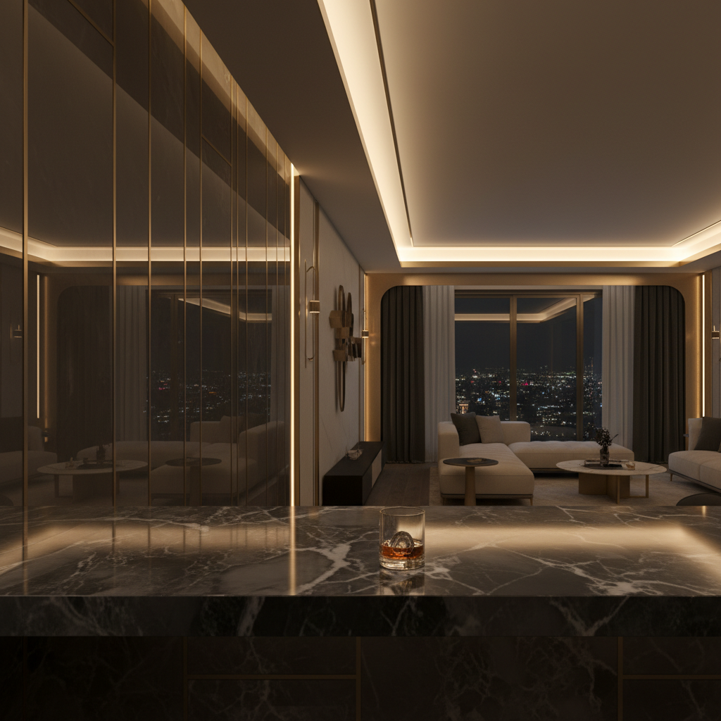 Elegancka biała kobieta w luksusowym apartamencie z widokiem na miasto o zmierzchu.