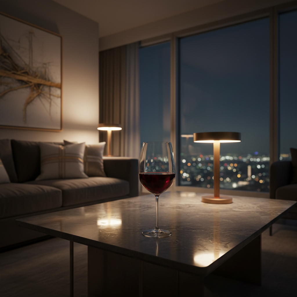 Elegancka, sexowna starsza pani w luksusowym apartamencie, patrząca przez okno na panoramę miasta o zmierzchu