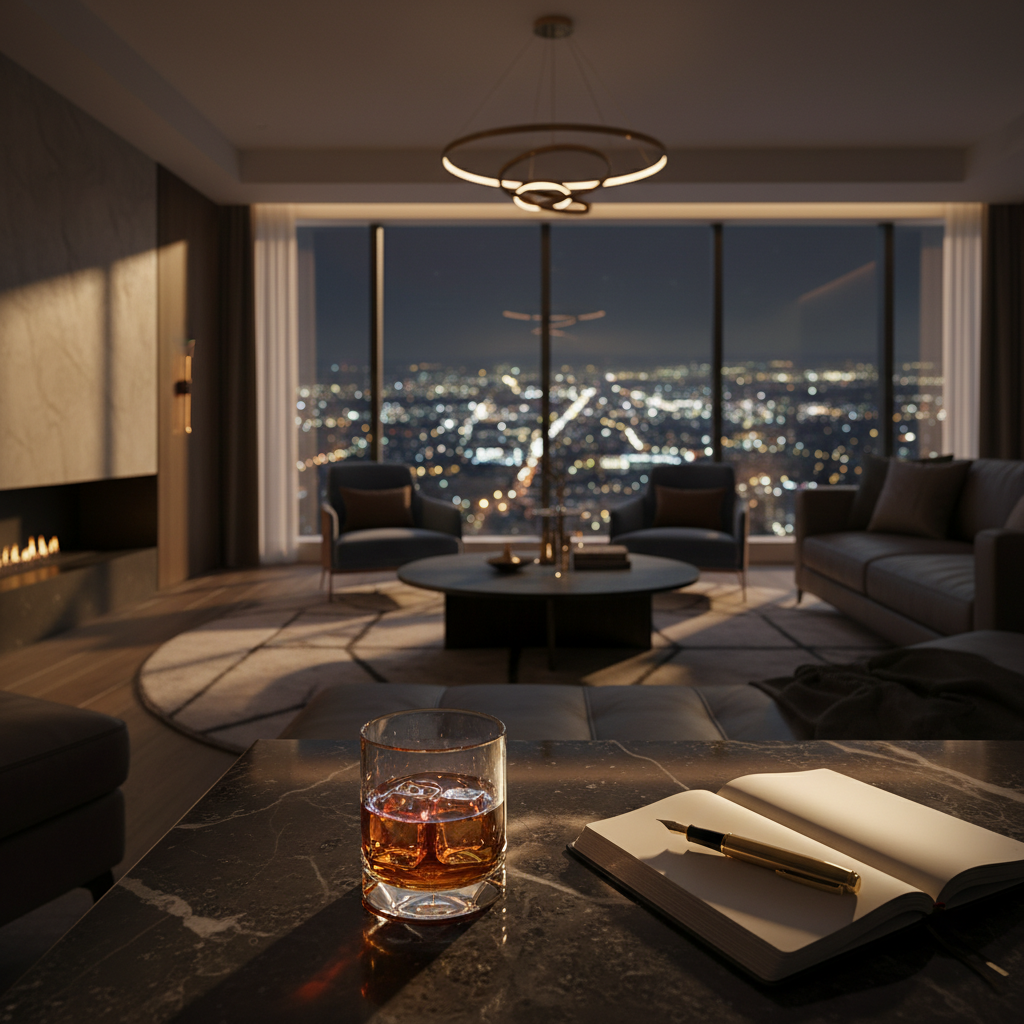 Elegancka, dojrzała kobieta w luksusowym apartamencie, patrząca zamyślona przez okno na panoramę miasta o zmierzchu. Symbolizuje starsze kobiety poszukujące partnera.