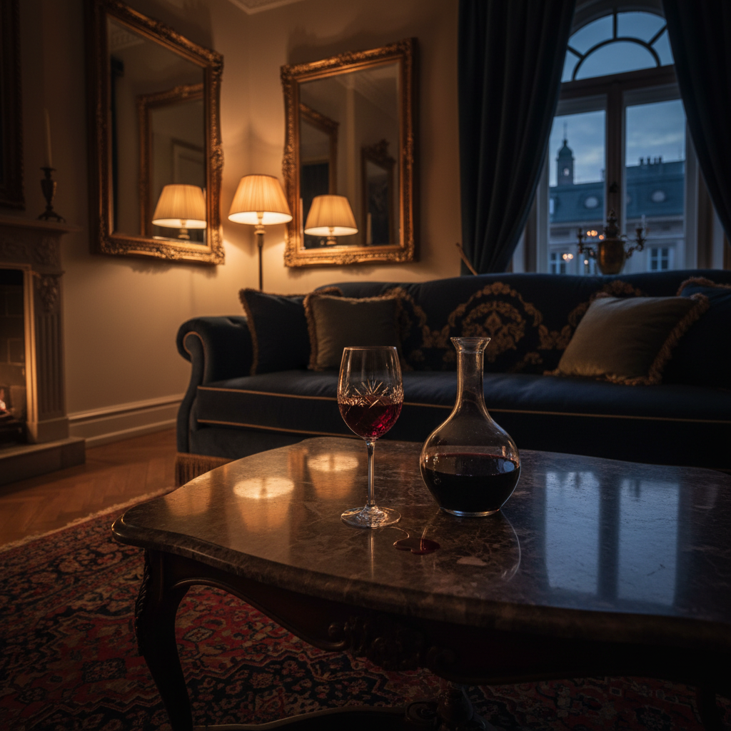 Elegancka starsza pani w luksusowym apartamencie w Krakowie, patrząca na miasto.